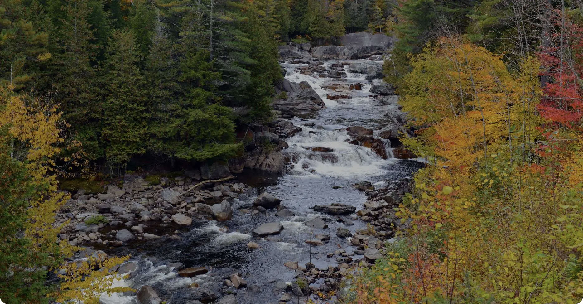 The image shows a scenic autumn landscape featuring a river with rapids, surrounded by lush green forest and vibrant fall foliage.