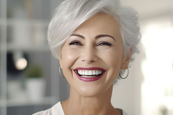 The image shows a smiling woman with short blonde hair wearing makeup, including lipstick, and she appears to be indoors with a blurred background suggesting an interior setting.