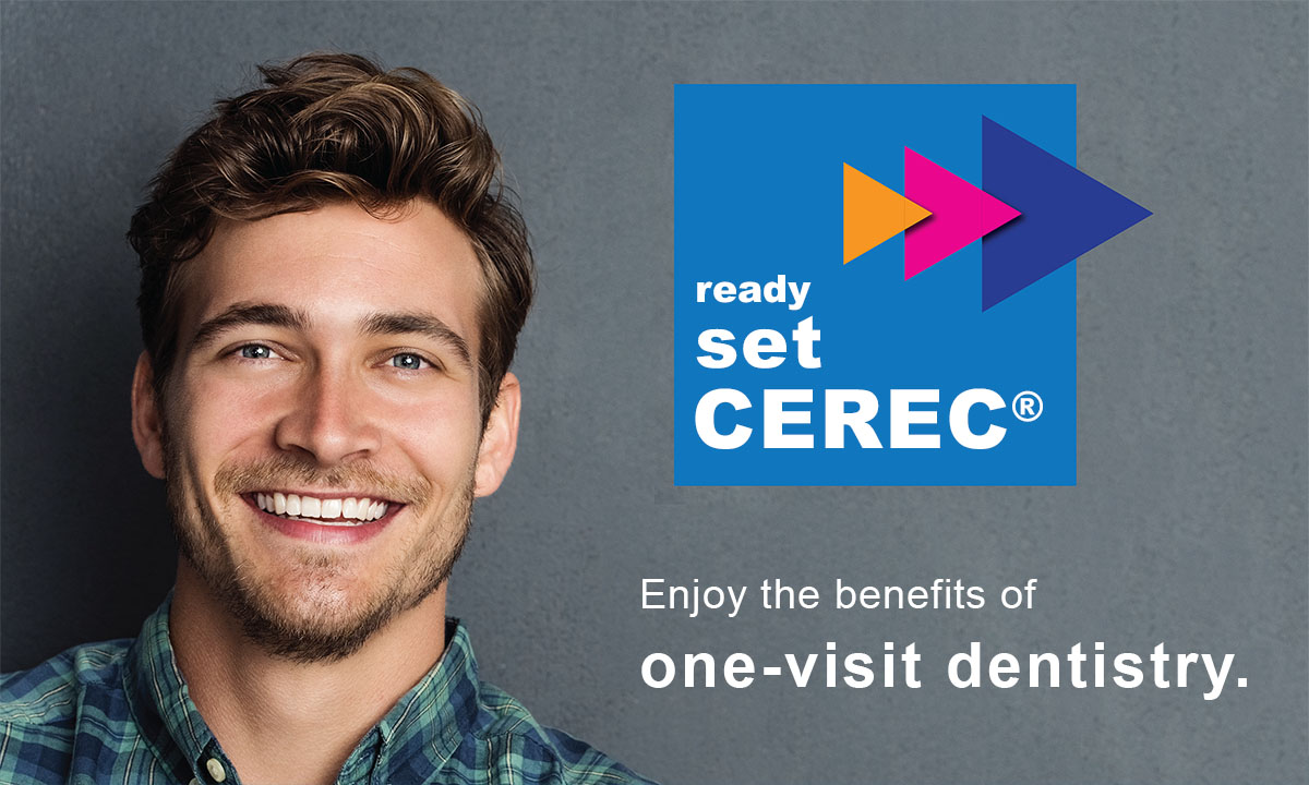 The image features a smiling man with blue eyes and facial hair, wearing a plaid shirt, standing against a dark background with a graphic design overlay on the right side that includes text and a logo for a dental clinic named  Cerec .
