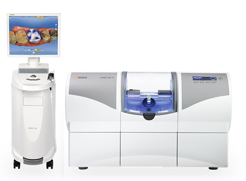 A photograph displaying advanced medical equipment, including a dental scanner, a 3D printer, and a digital display with a tooth model, suggesting technology used for dental care or implants.